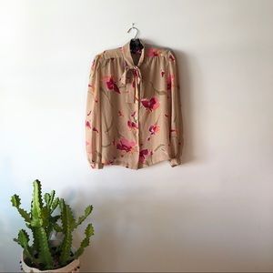 VINTAGE Sheer Floral Tie Blouse
